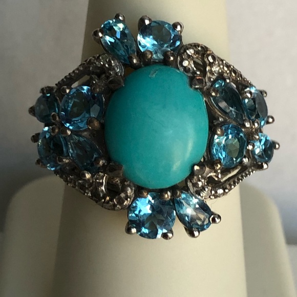 Sleeping Beauty Turquoise & London Blue Topaz Gemstones in Platinum Ring